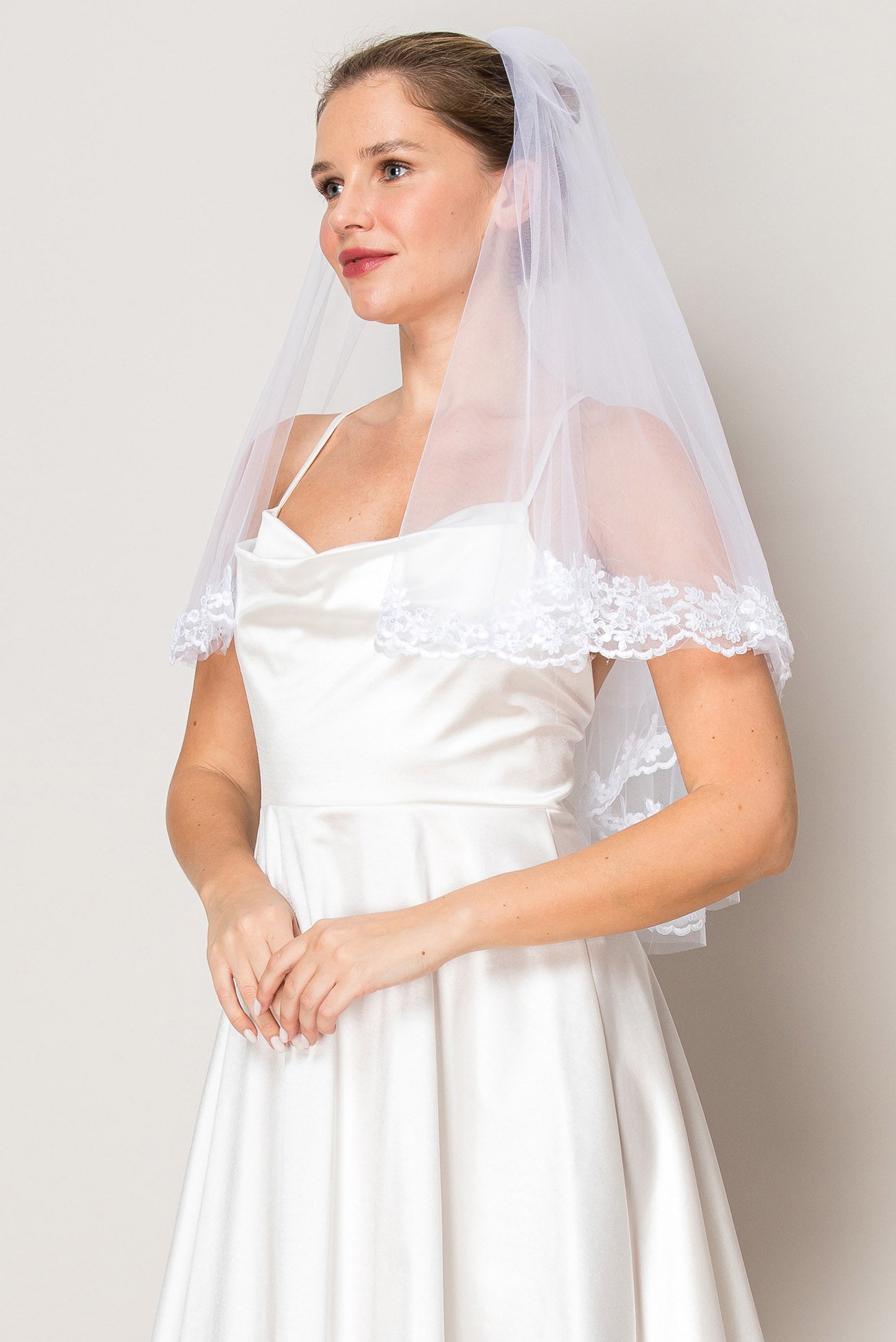 Elaine White Two Layer Floral Lace Edge Waist Length Wedding Veil