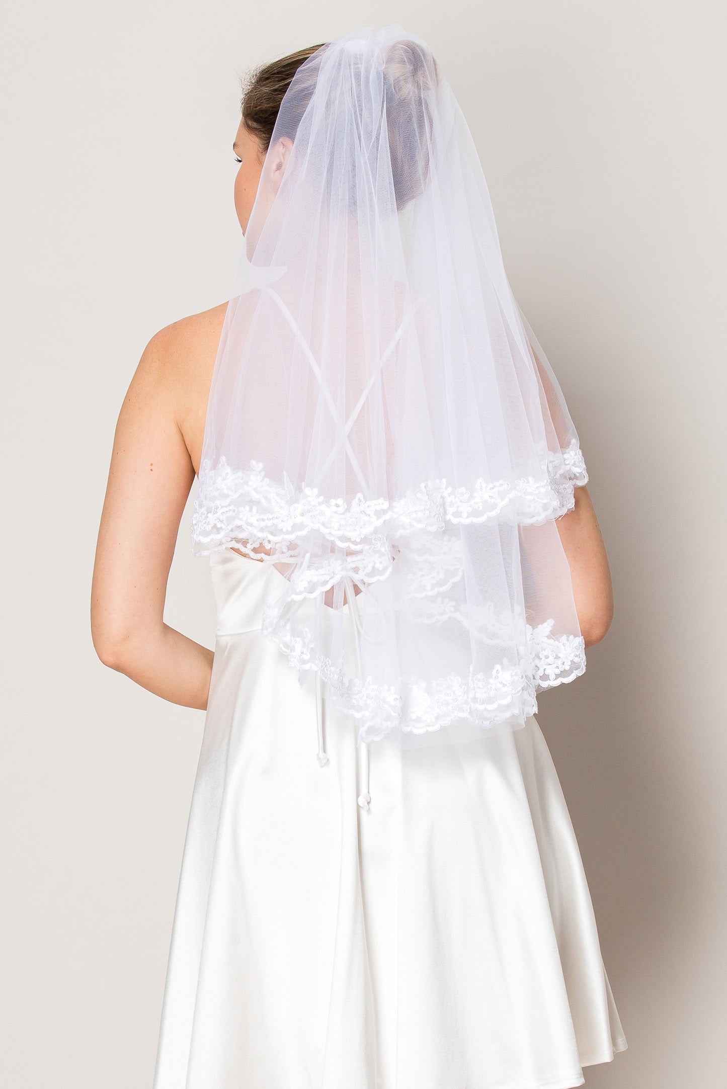 Elaine White Two Layer Floral Lace Edge Waist Length Wedding Veil