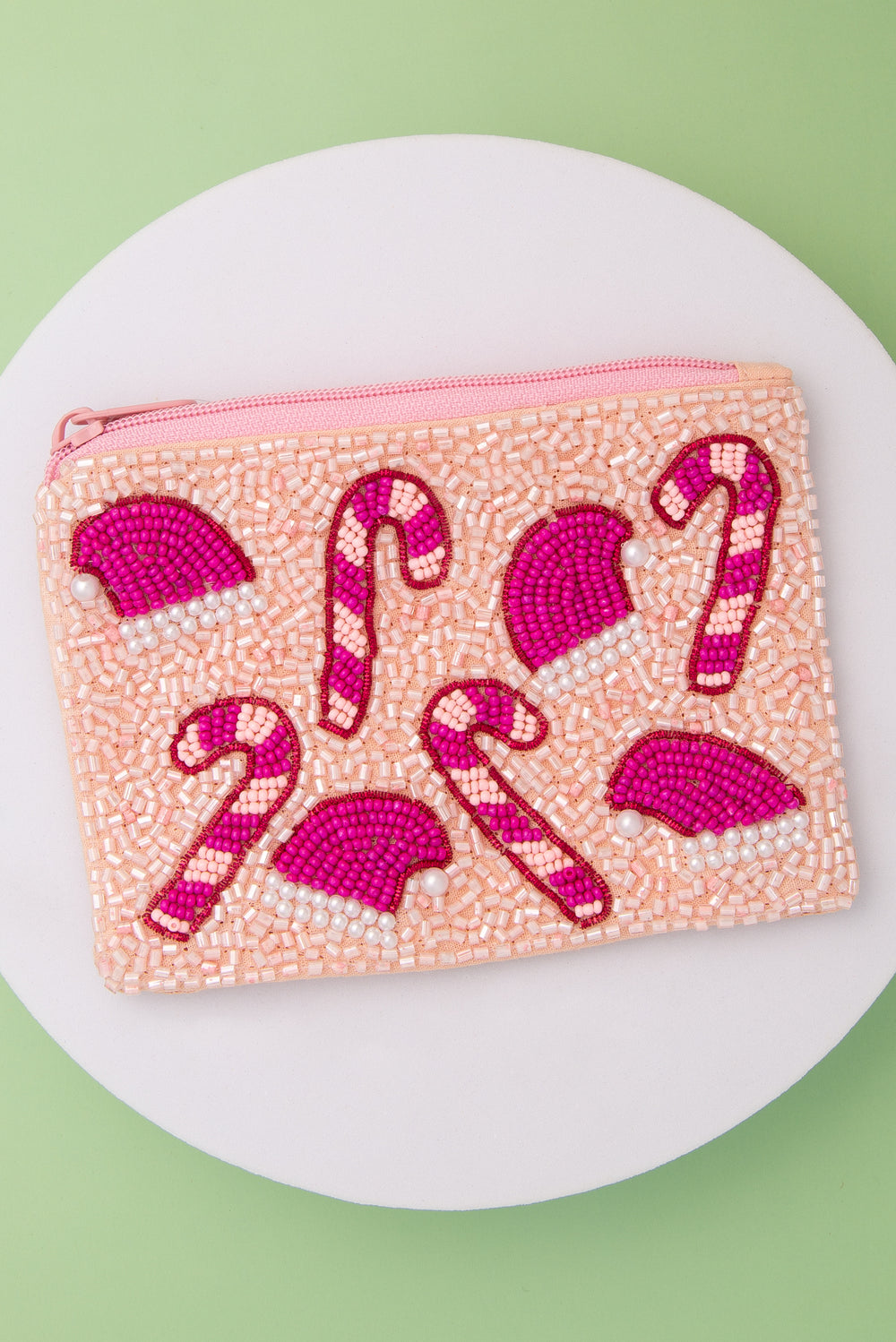 Jade Christmas Theme Pink Seed Beaded Zipper Coin Pouch