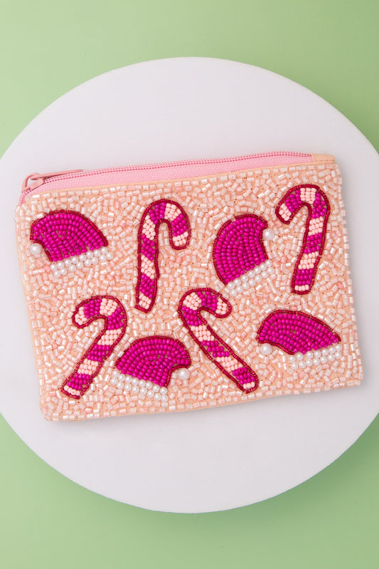 Jade Christmas Theme Pink Seed Beaded Zipper Coin Pouch