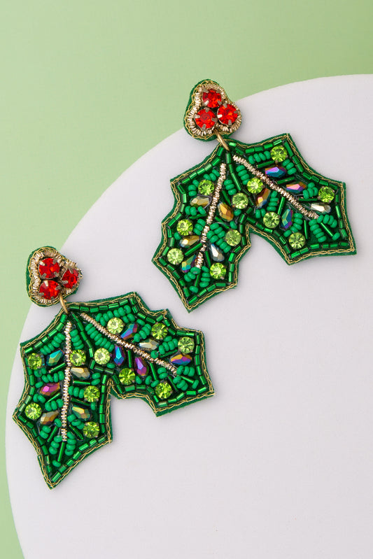 Ruth Christmas Mistletoe Crystal Seed Beaded Post Dangle Earrings