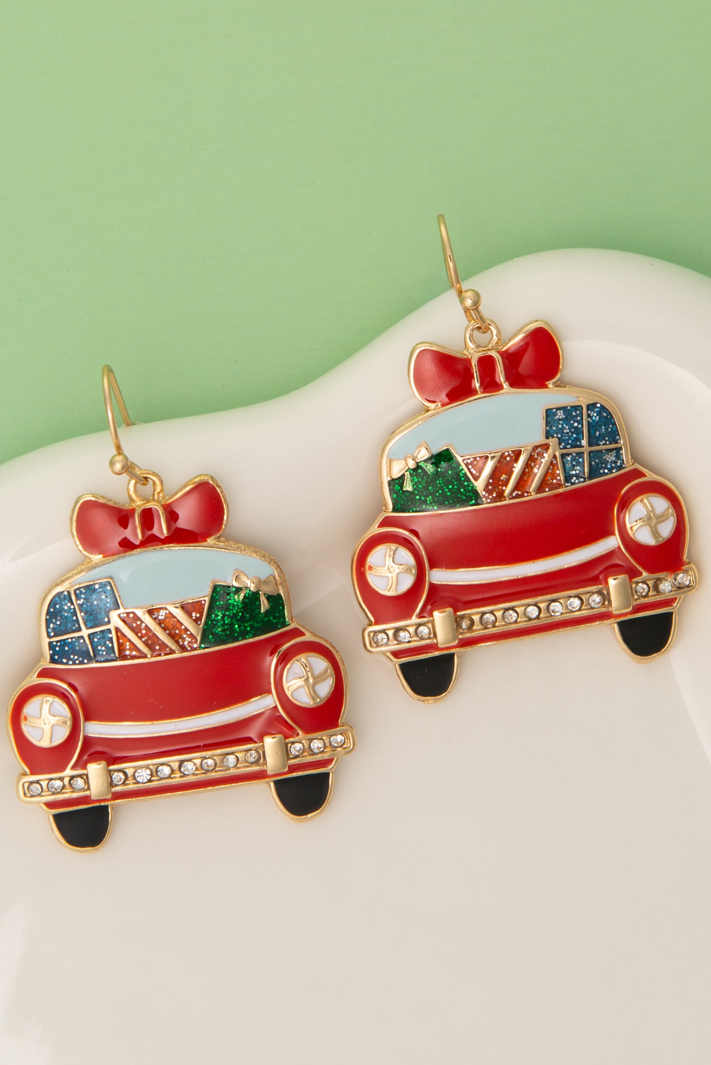 Athena Christmas Earrings Featuring Red Car and Crystal Accents