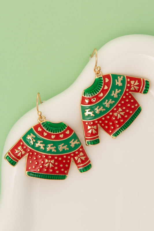 Bella Christmas Theme Ugly Sweater Enamel French Hook Earrings