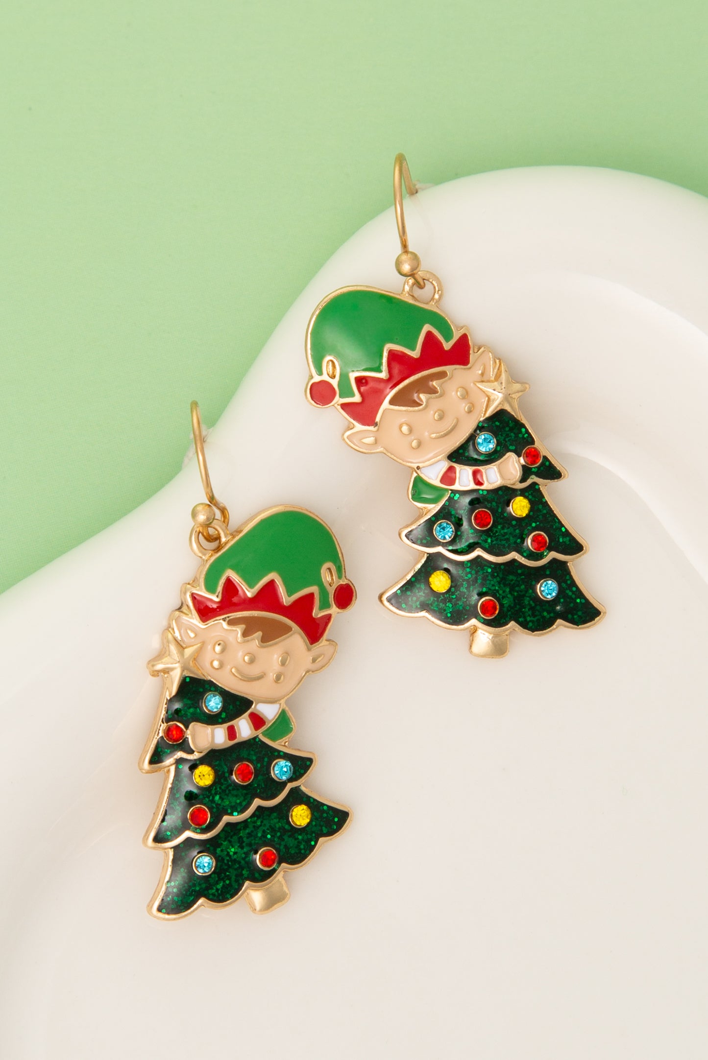 Melanie Holiday Elf With Christmas Tree Enamel Earring