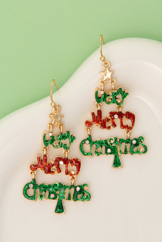 Olivia Christmas Tree "Very Merry Christmas" Word Dangle Earrings