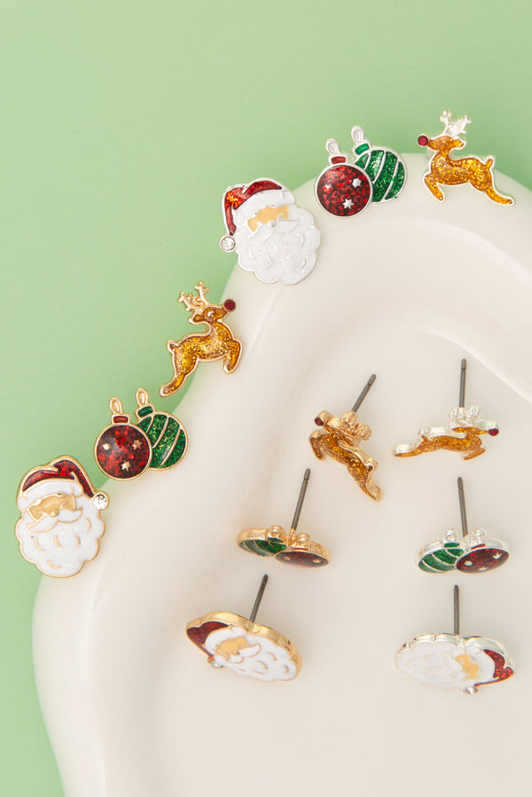 Elizabeth Christmas Earring Set with Santa, Reindeer, and Ornament