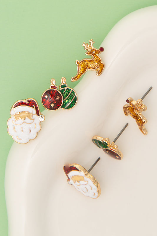 Elizabeth Christmas Earring Set with Santa, Reindeer, and Ornament | Gold