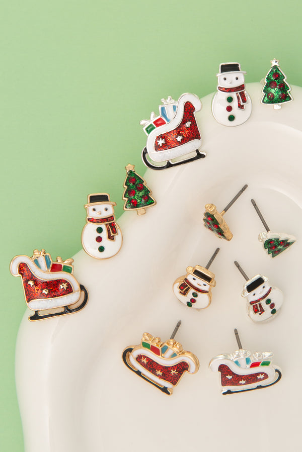 Layla Holiday Earring Set with Christmas Tree, Snowman and Sleigh