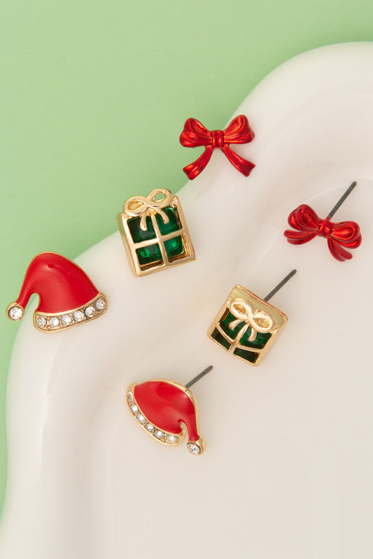 Violet Holiday Earring Set with Santa Hat, Christmas Present, Bow