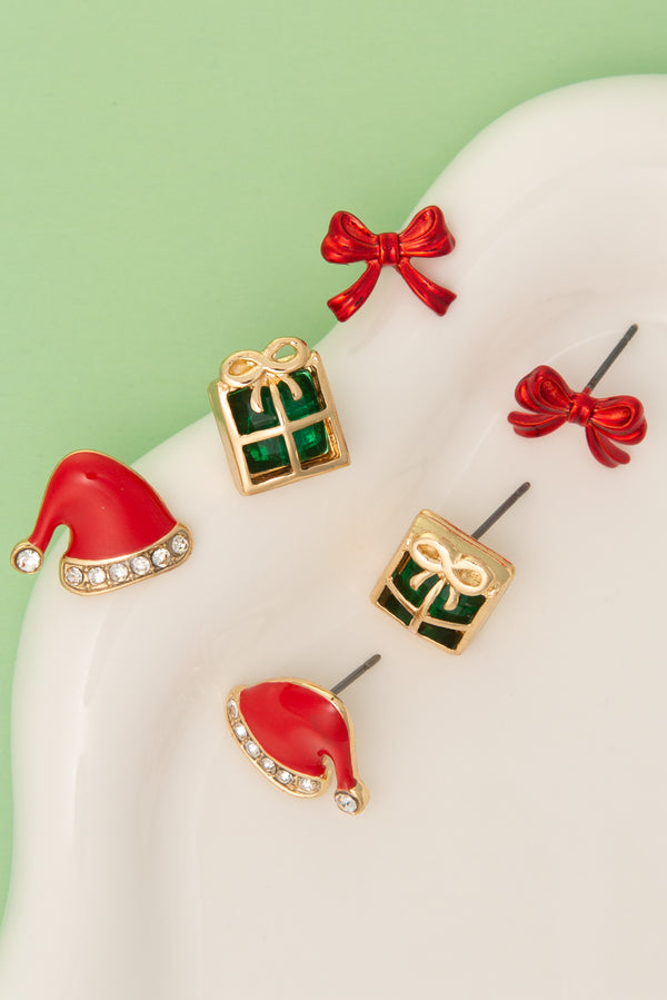 Violet Holiday Earring Set with Santa Hat, Christmas Present, Bow