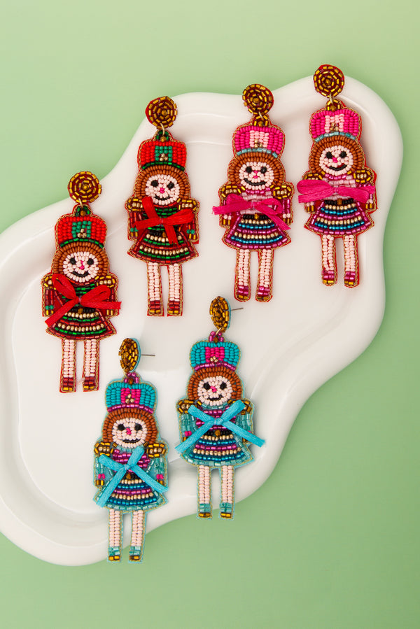 Mila Christmas Nutcracker Dame Beaded Post Dangle Earrings