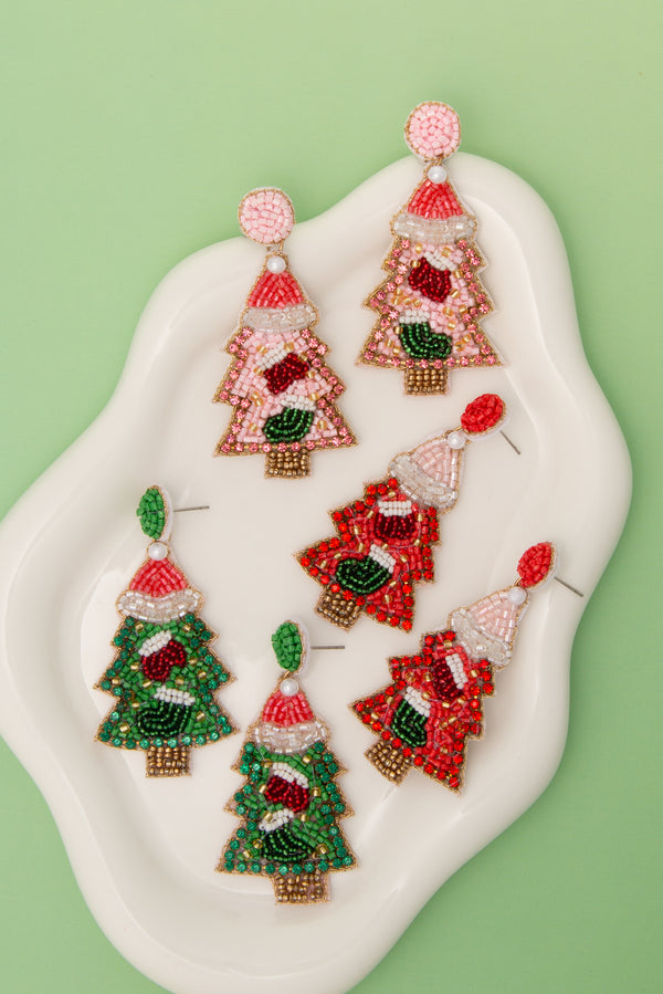 Grace Christmas Seed Beaded Tree Post Earrings