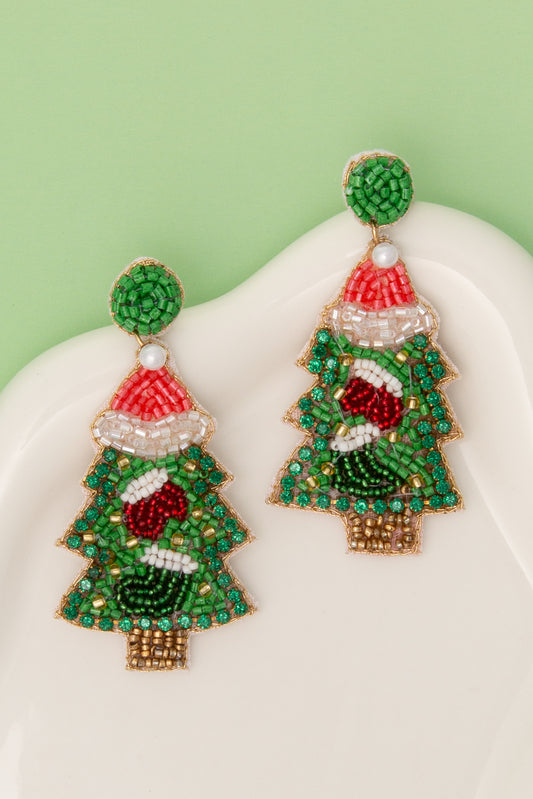 Grace Christmas Seed Beaded Tree Post Earrings | Green