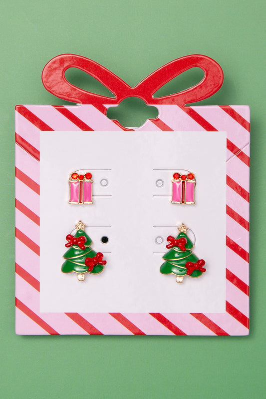 Adriana Christmas Tree and Present Enamel Post Earring Set | Green