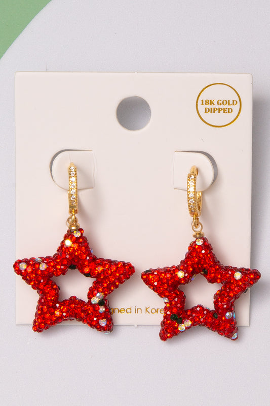 Marina Christmas 18K Gold Dipped Crystal Pavé Hoop Star Earrings | Red