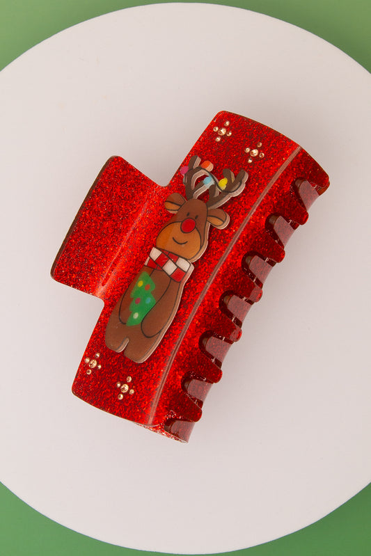 Kiana Glitter Claw Hair Clip with Christmas Reindeer Design | Red