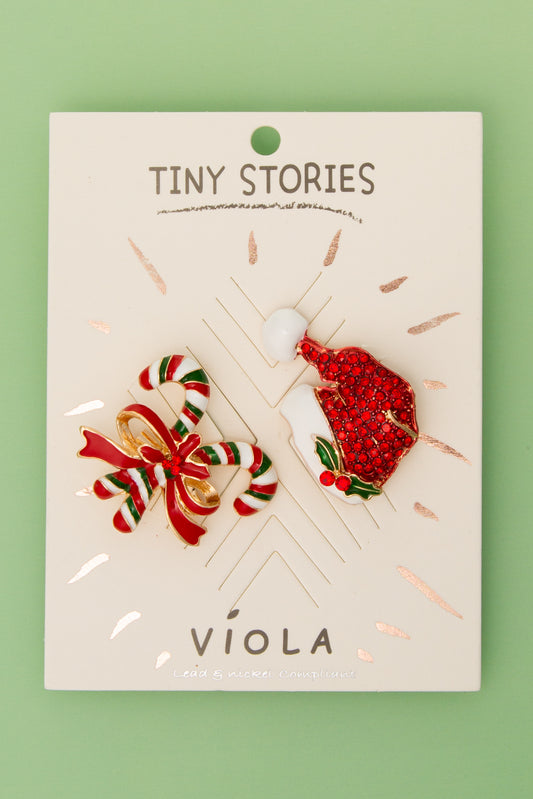 Claire Christmas Santa Hat And Candy Cane Enamel Crystal Brooch Pin