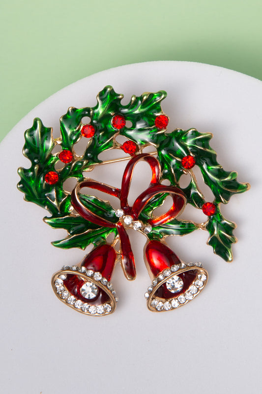 Kassidy Christmas Bell Brooch Pin with Red and Green Holly Bow