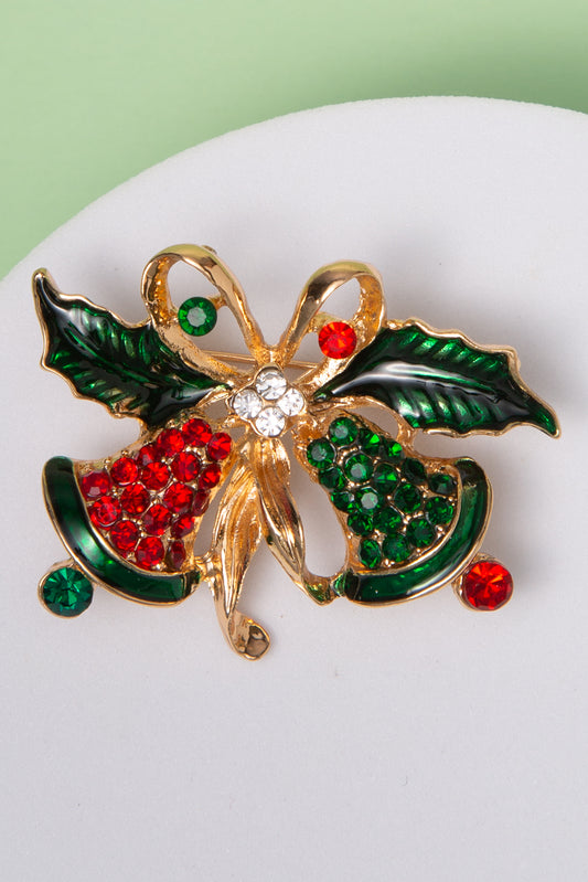 Akira Christmas Bell Brooch Pin with Red, Green and Crystal Accent