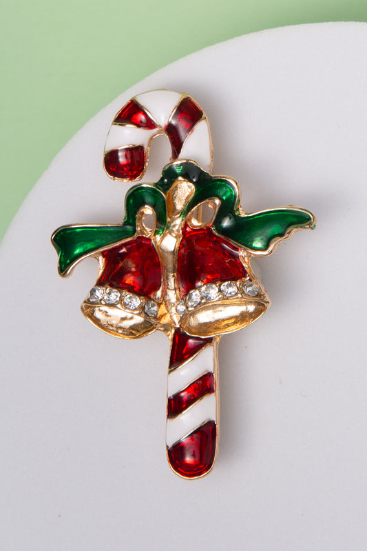Jazmine Enamel Candy Cane and Christmas Bells Brooch Pin