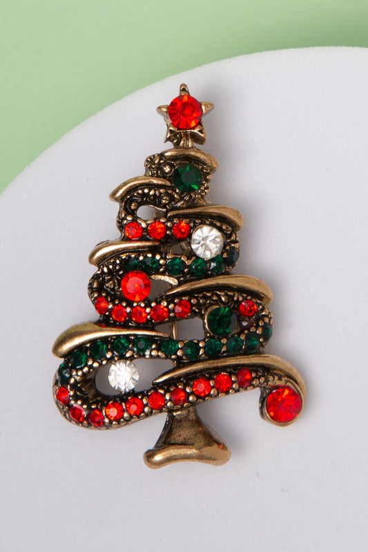 Natasha Christmas Tree Brooch with Rhinestones