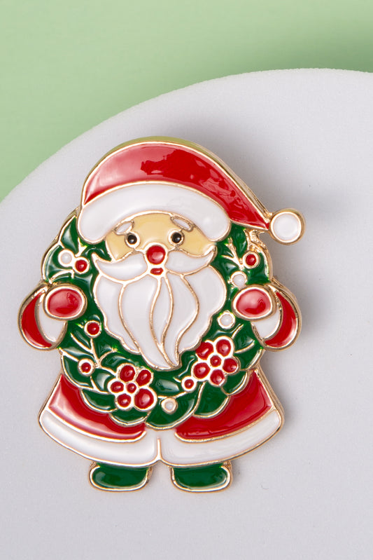 Nancy Holiday Santa Claus with Wreath Enamel Casted Brooch Pin