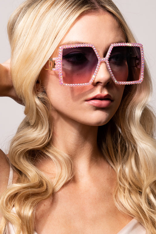 Priscilla Oversized Pentagon Rhinestone Sunglasses - Pink