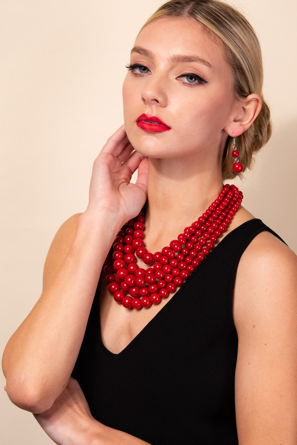 Elsie 5-Strand Pearl Necklace & Earring Set - Matte Red