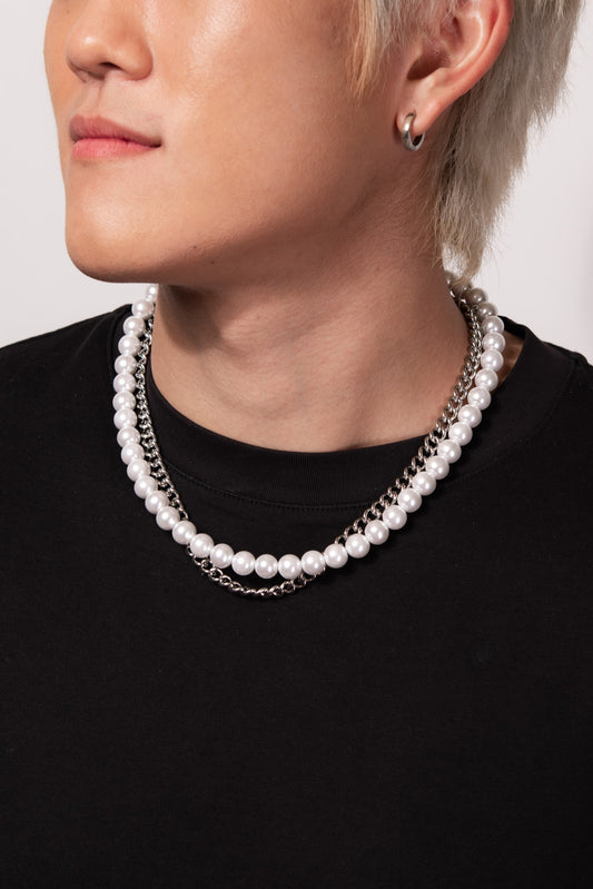 Medium Layered White Pearl with Stainless Steel Curb Chain Necklace