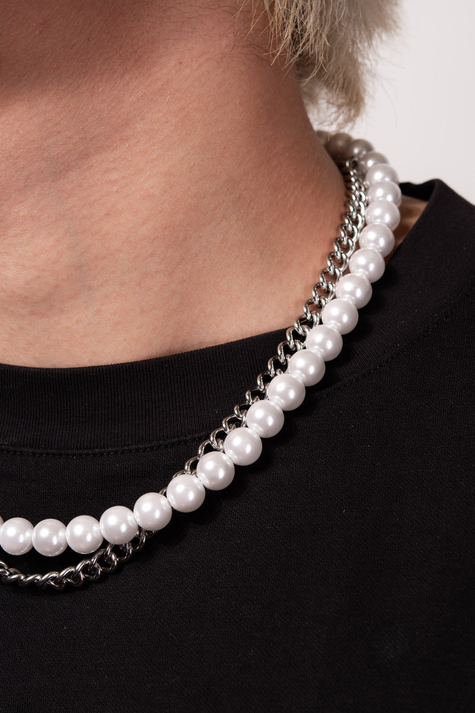 Medium Layered White Pearl with Stainless Steel Curb Chain Necklace