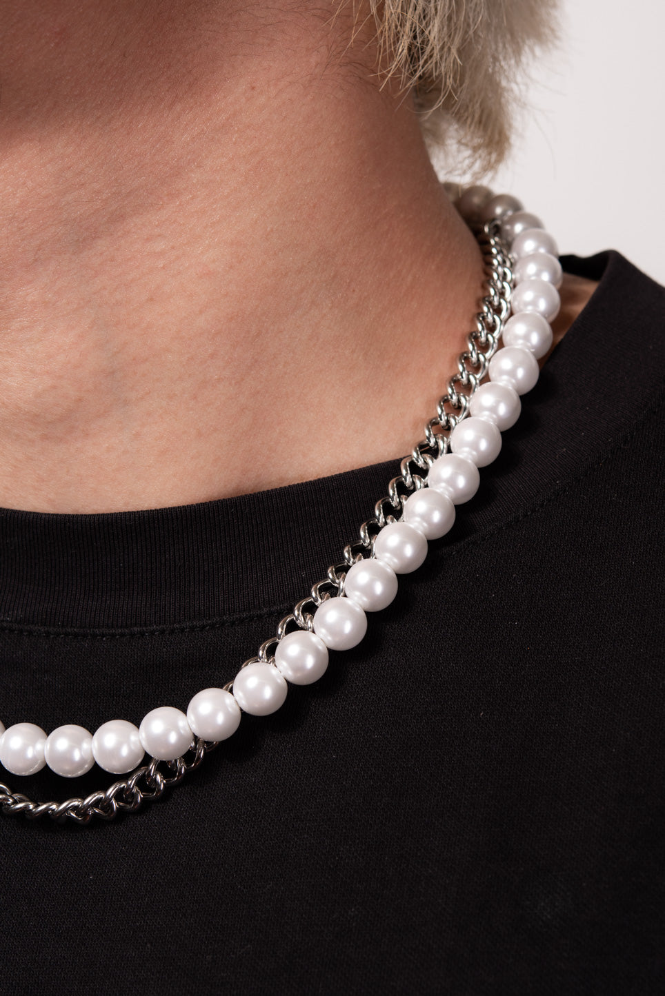 Medium Layered White Pearl with Stainless Steel Curb Chain