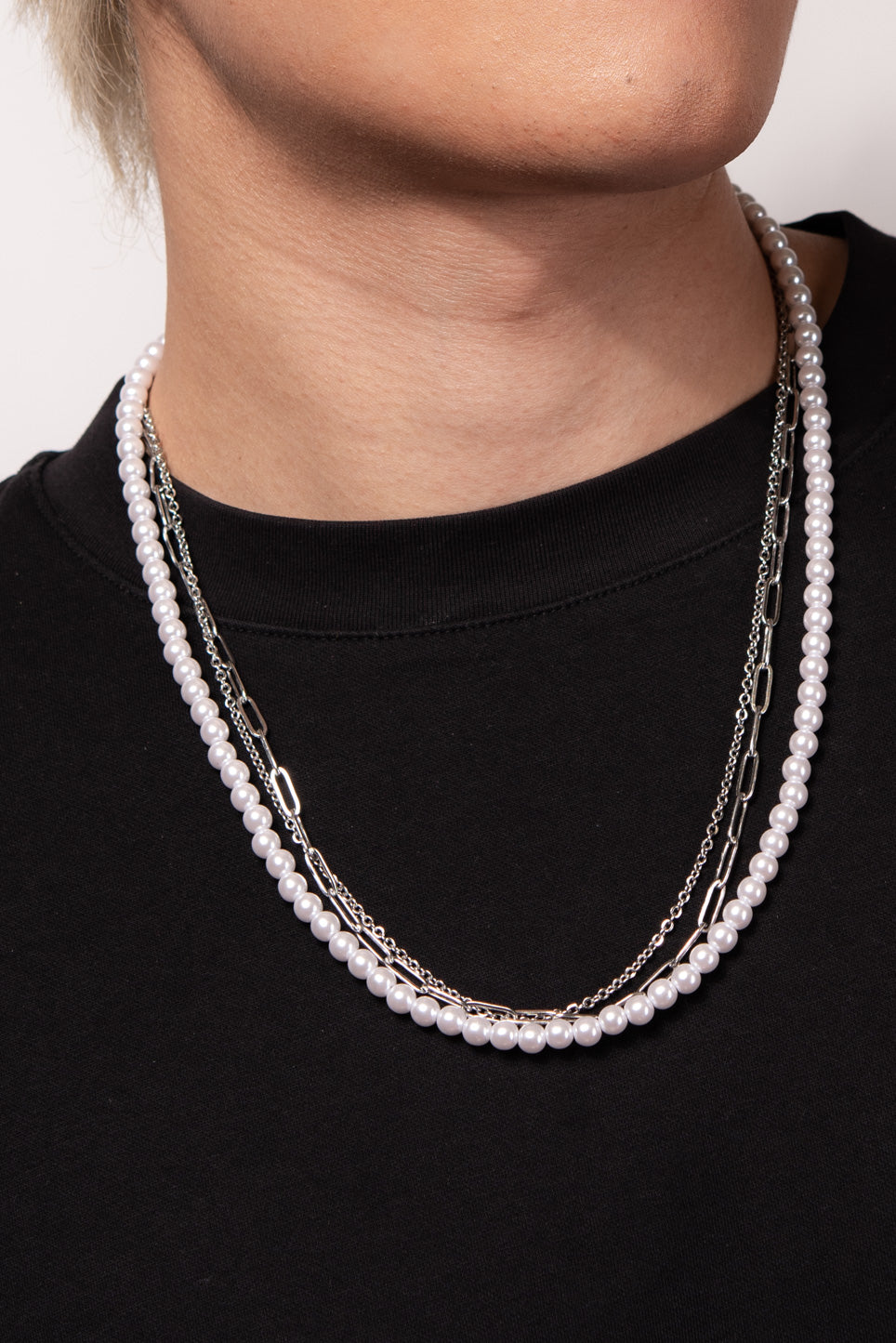 Small Layered White Pearl with Stainless Steel Paper Clip Chain Necklace