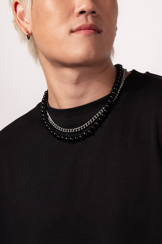 Medium Layered Black Pearl with Stainless Steel Curb Chain Necklace