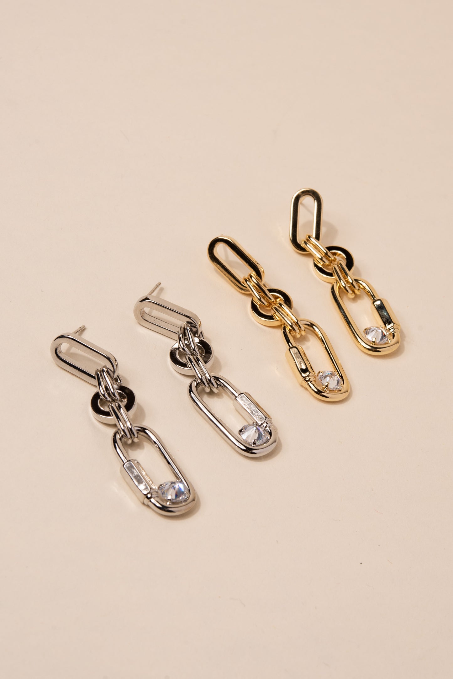 Rhinestone Paper Clip Link Earrings - Gold