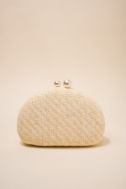 Marcella Rounded Woven Textured Evening Box Clutch Purse w/ Pearl Closure and Strap - Ivory