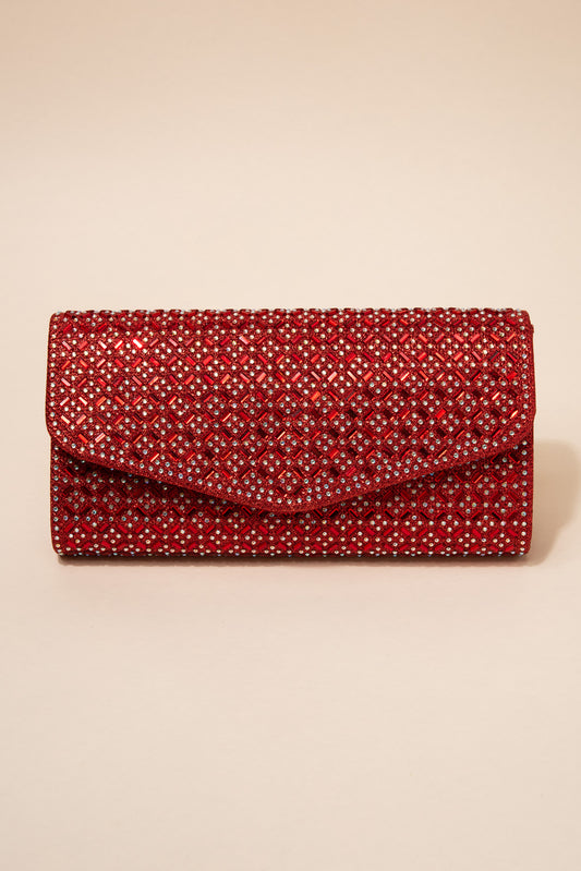 Rachel Rhinestone Crystal Embellished Evening Envelope Clutch Purse - Red