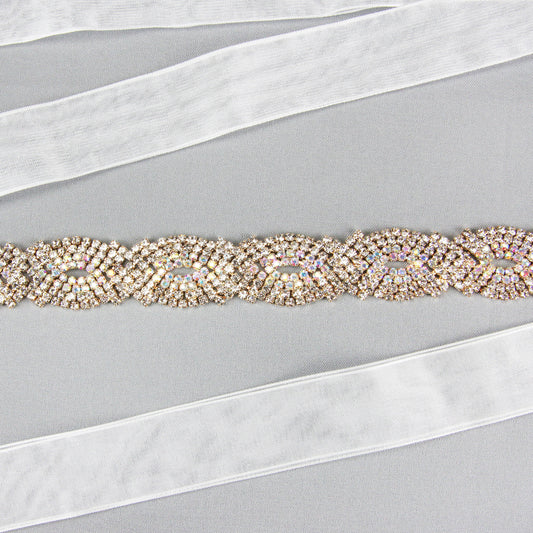 Amara Infinity Rhinestone Ribbon Bridal Sash Belt - Gold Iridescent