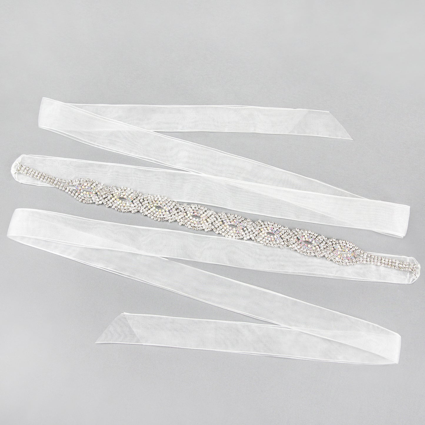 Amara Infinity Rhinestone Ribbon Bridal Sash Belt - Silver Iridescent