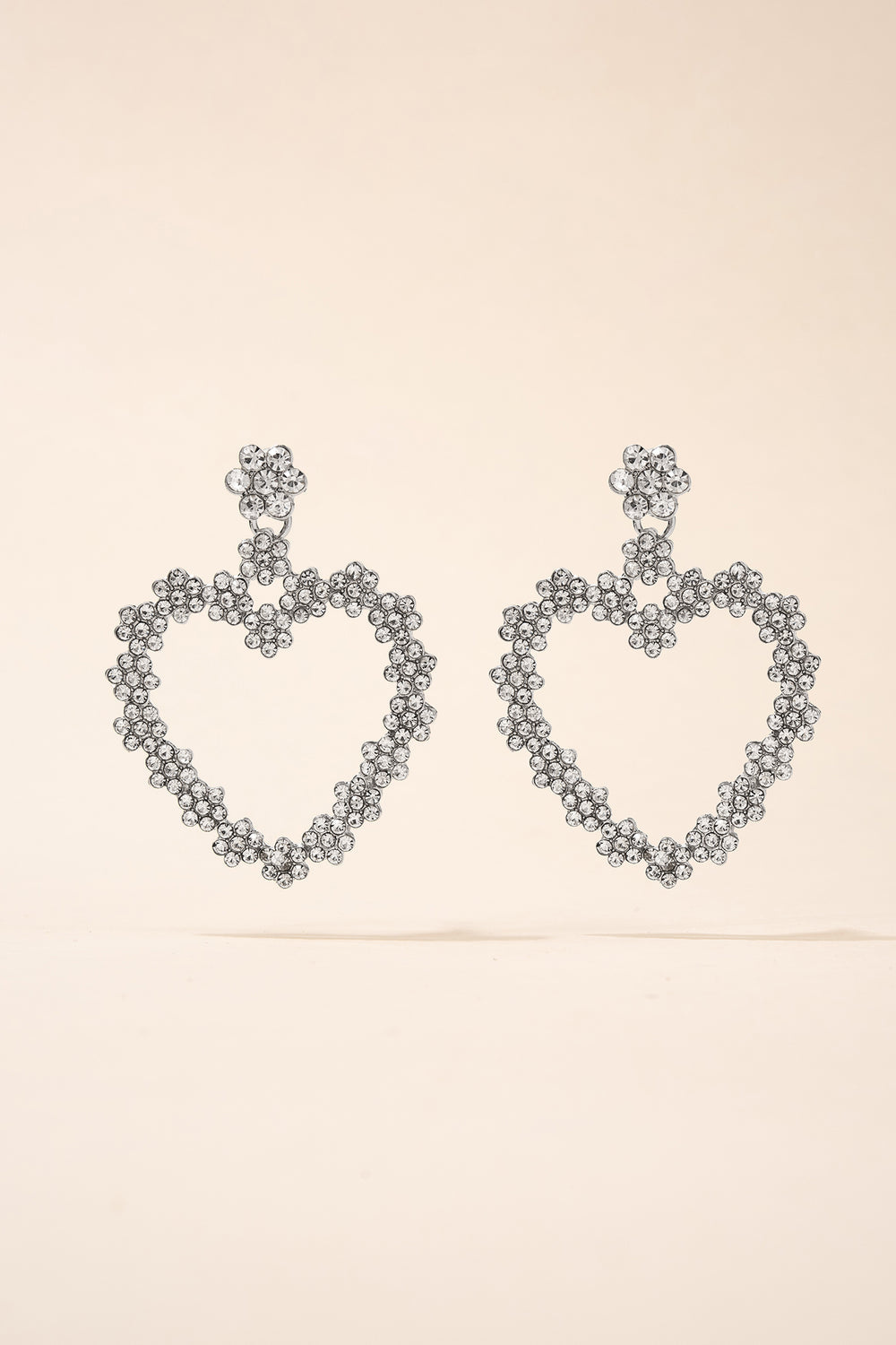 Flower Heart Rhinestone Post Earrings - Silver