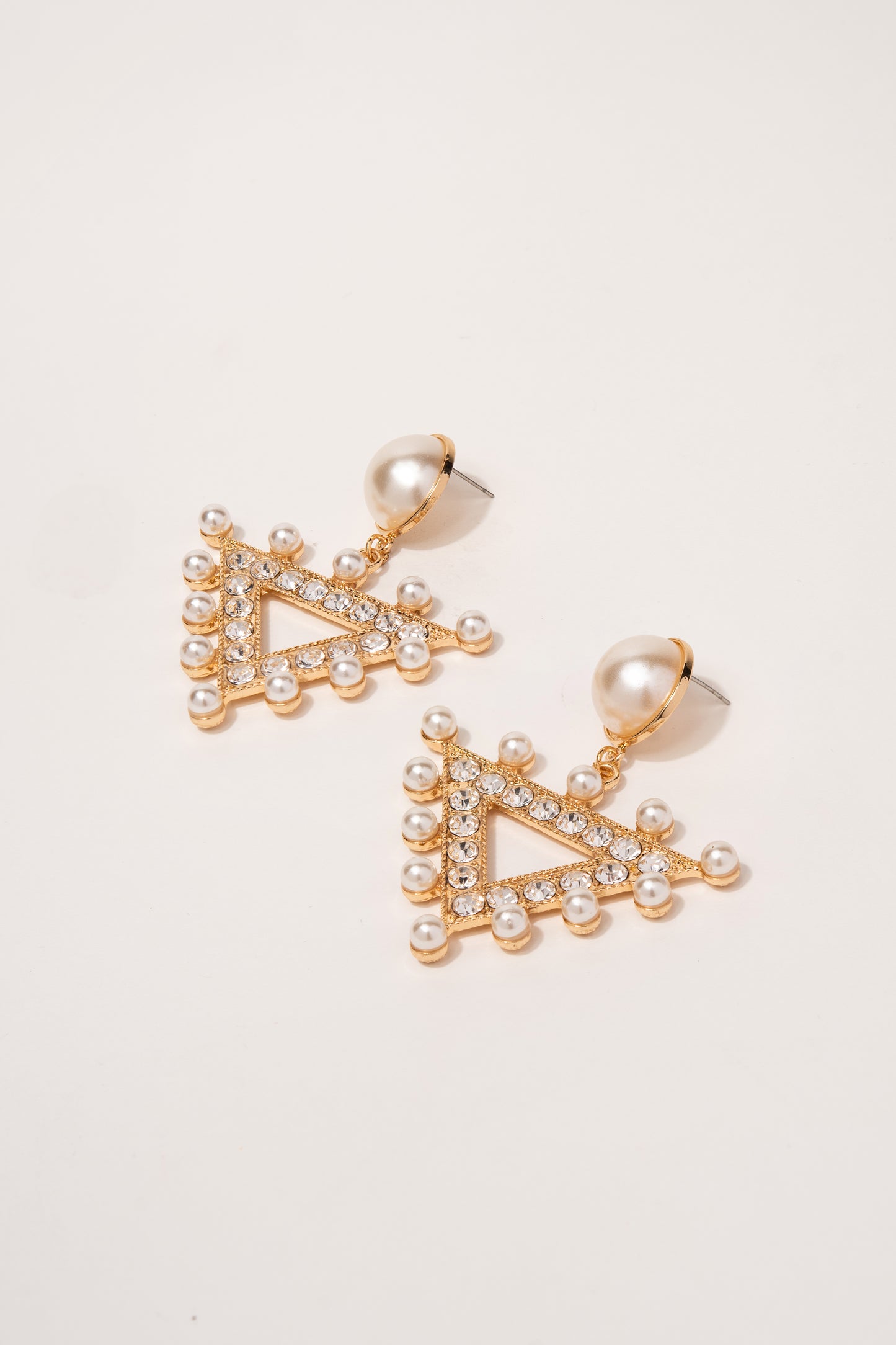 Meara Rhinestone and Pearl Triangle Drop Earrings - Gold