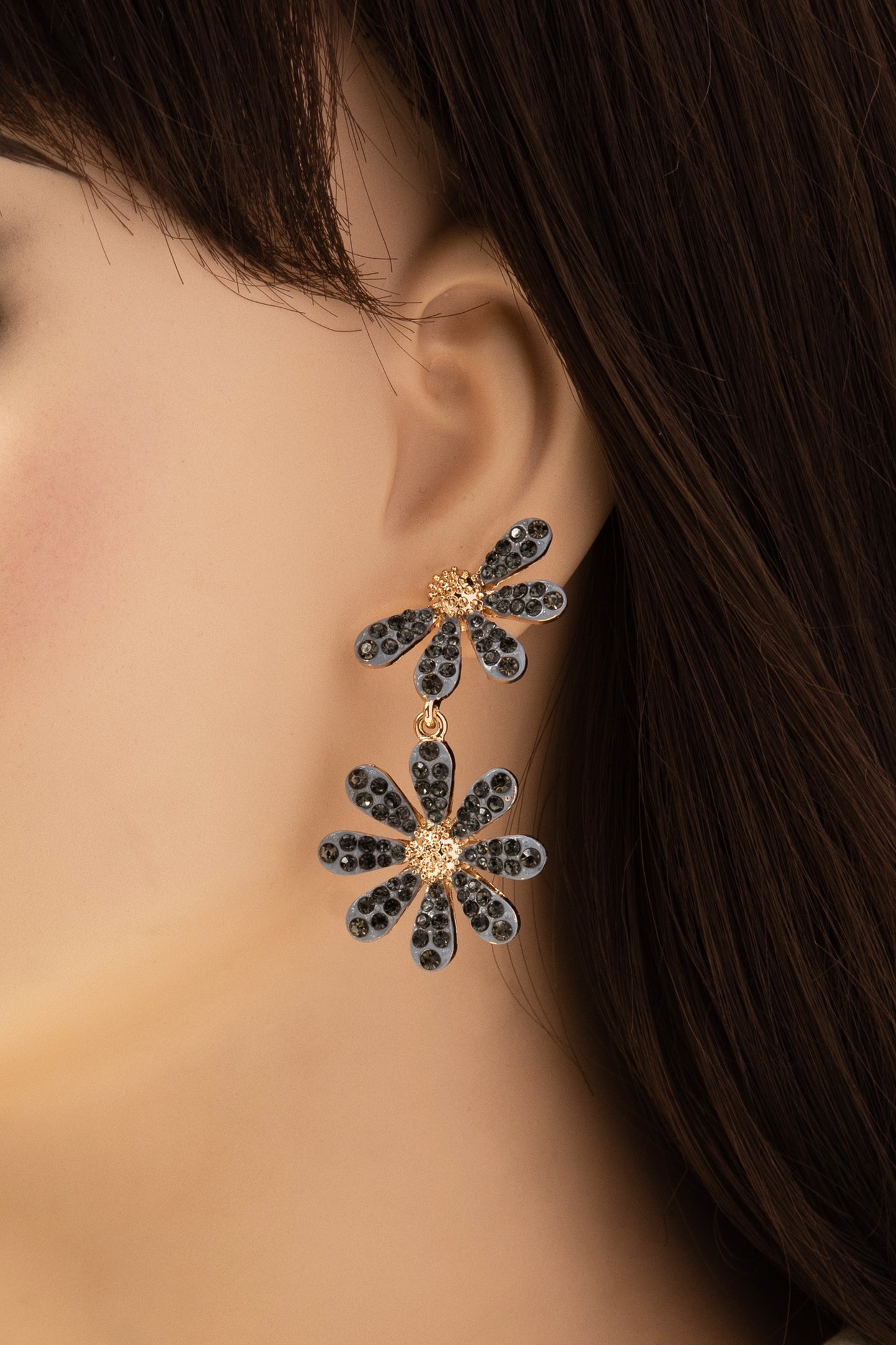 Abigail Flower Rhinestone Earrings - Black