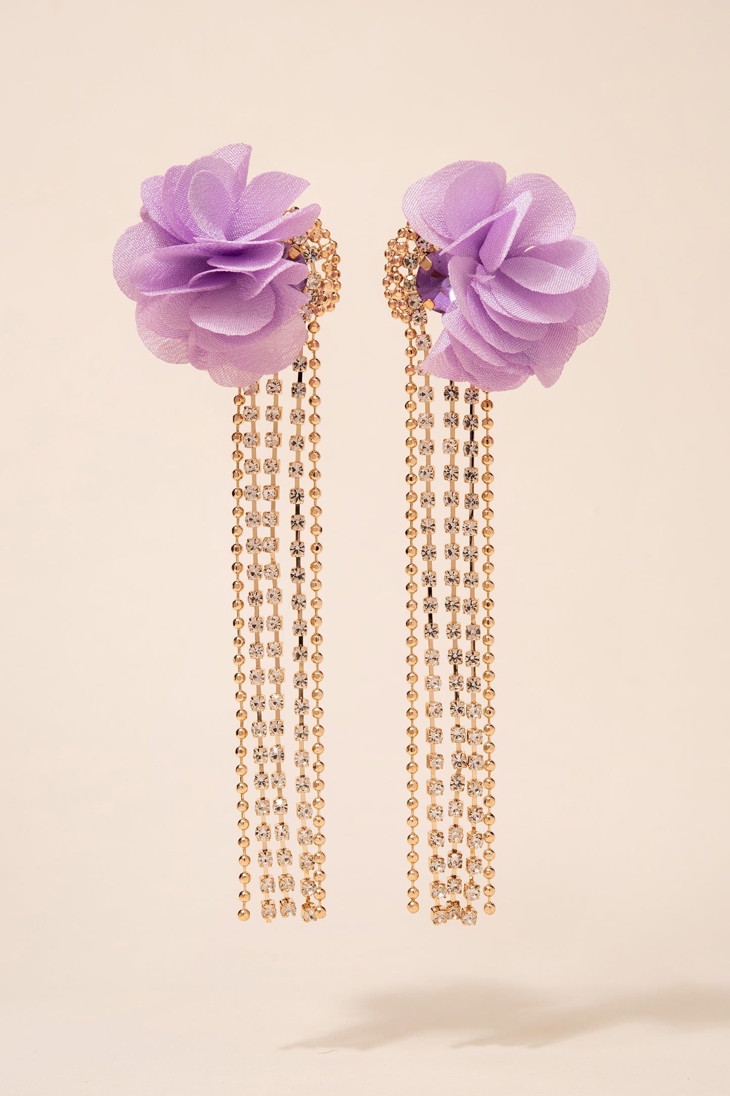 Petal Puff with Rhinestone Tassel Earrings - Lavender