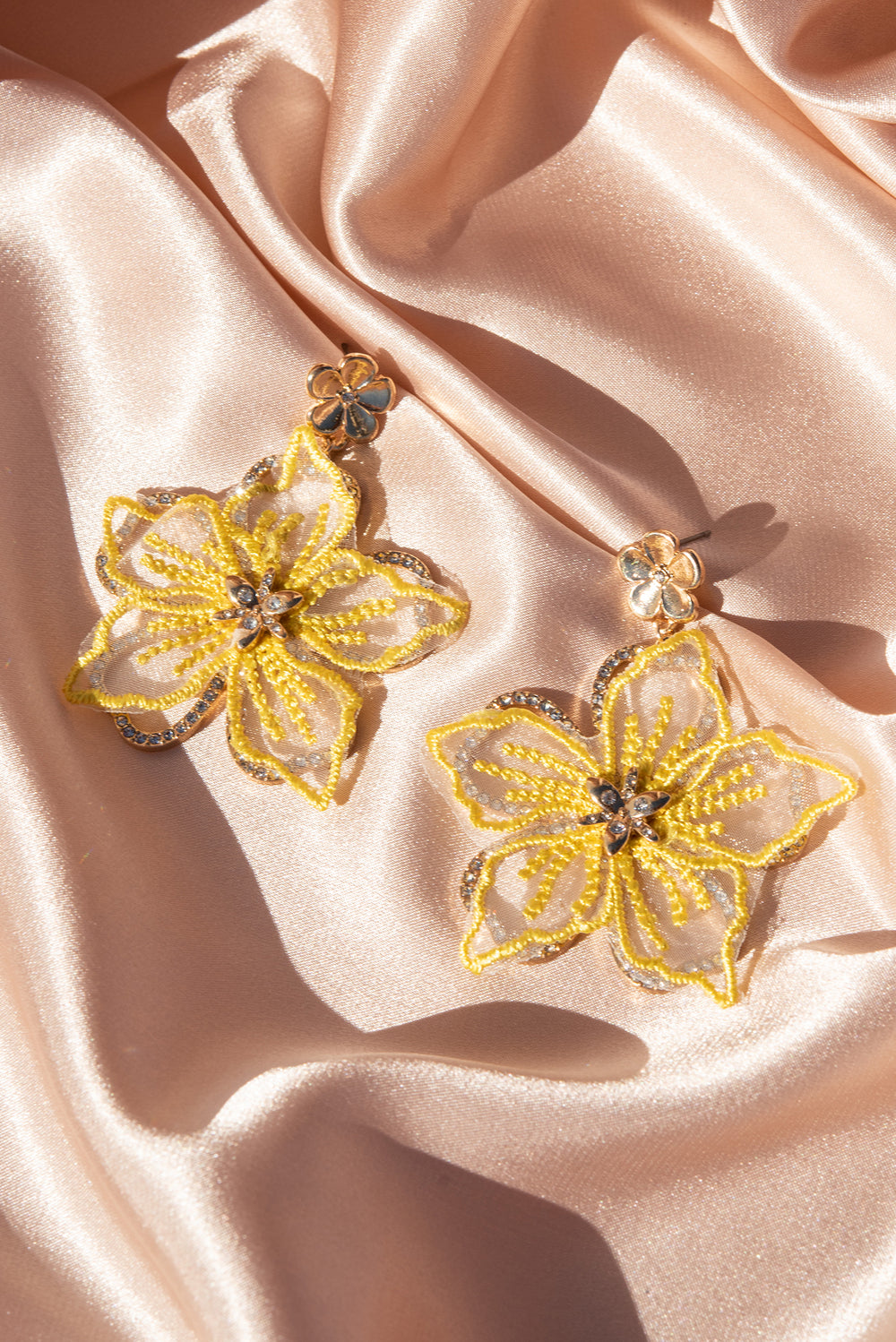 Embroidered Rhinestone Flower Earrings - Yellow