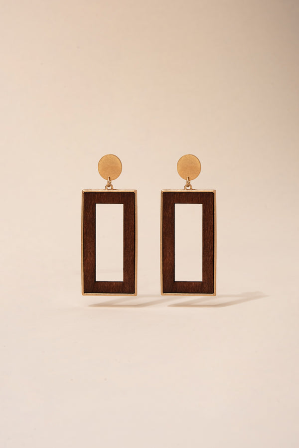 Metal Wood Rectangular Earrings - Dark Brown