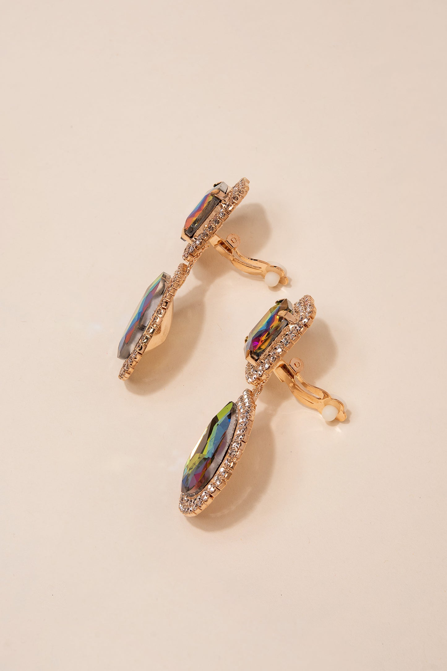 Rhinestone Clip On Glass Drop Earrings - Green Rainbow