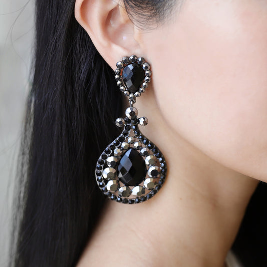Addison Teardrop Rhinestone Clip-on Earrings - Black