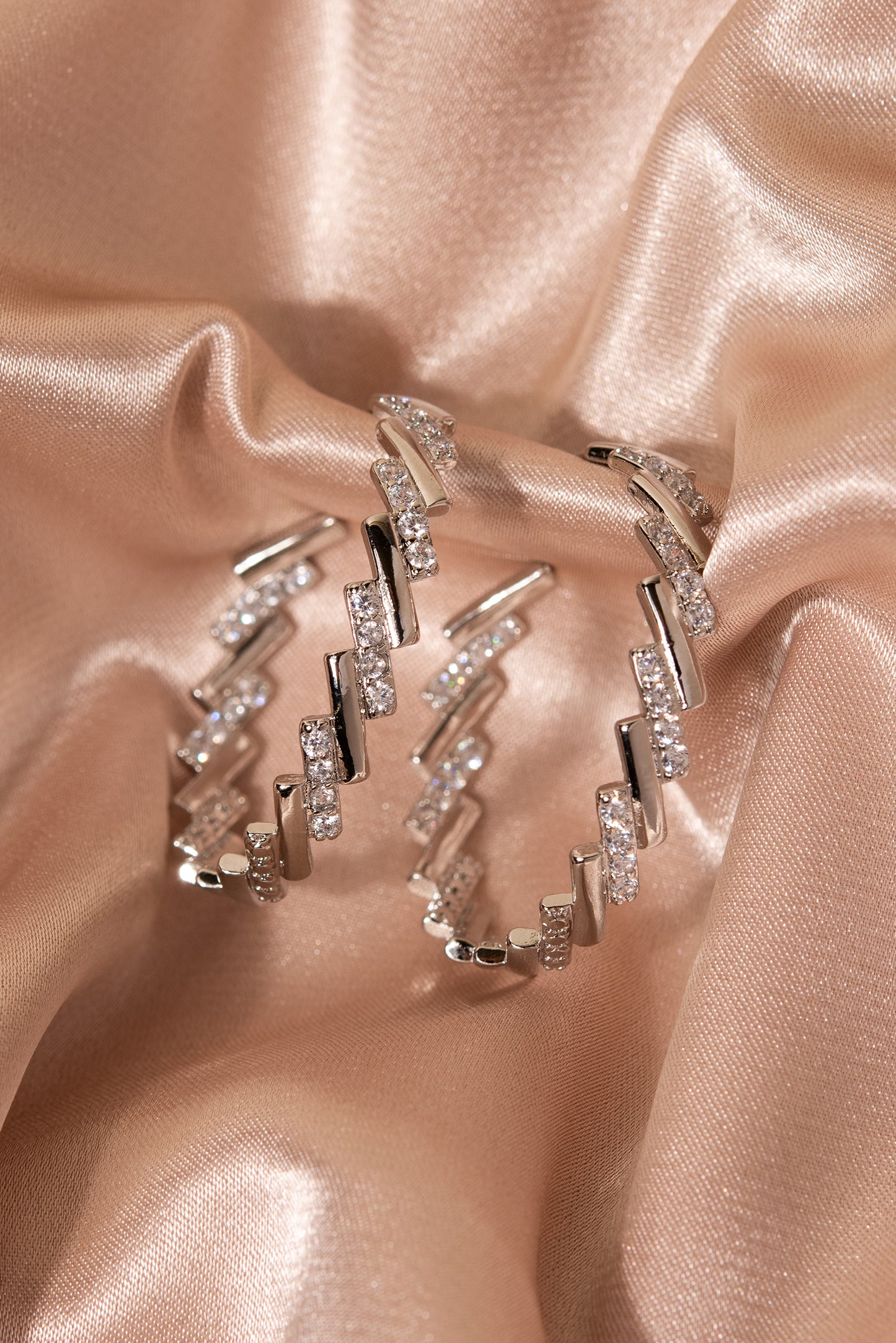 Jolie Rhinestone Studded Cascading Rectangle Open Hoop Earrings - Silver