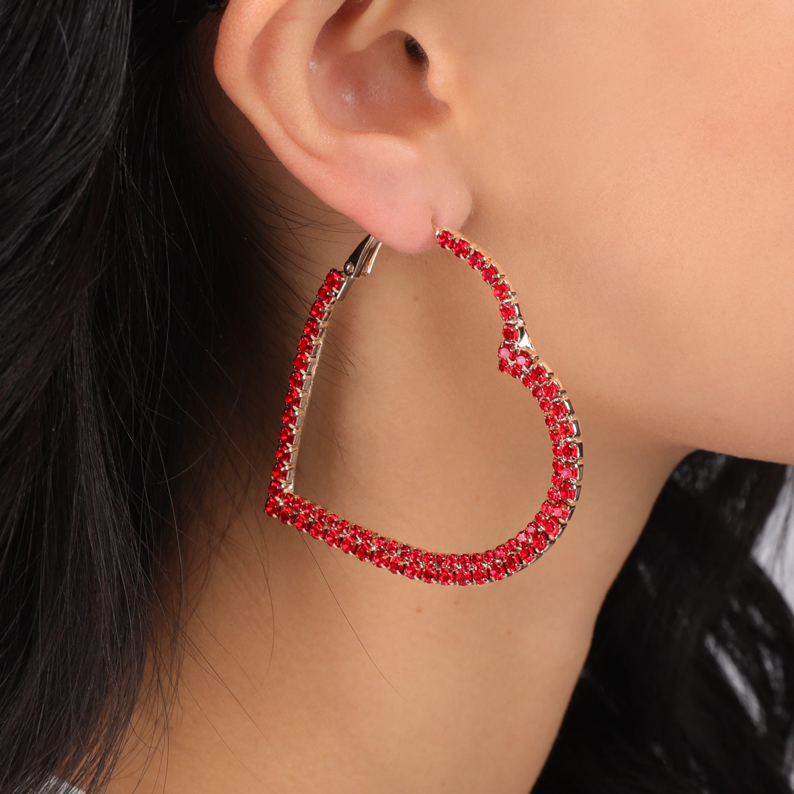 Maira's Rhinestone Heart Hoop Earrings | Red