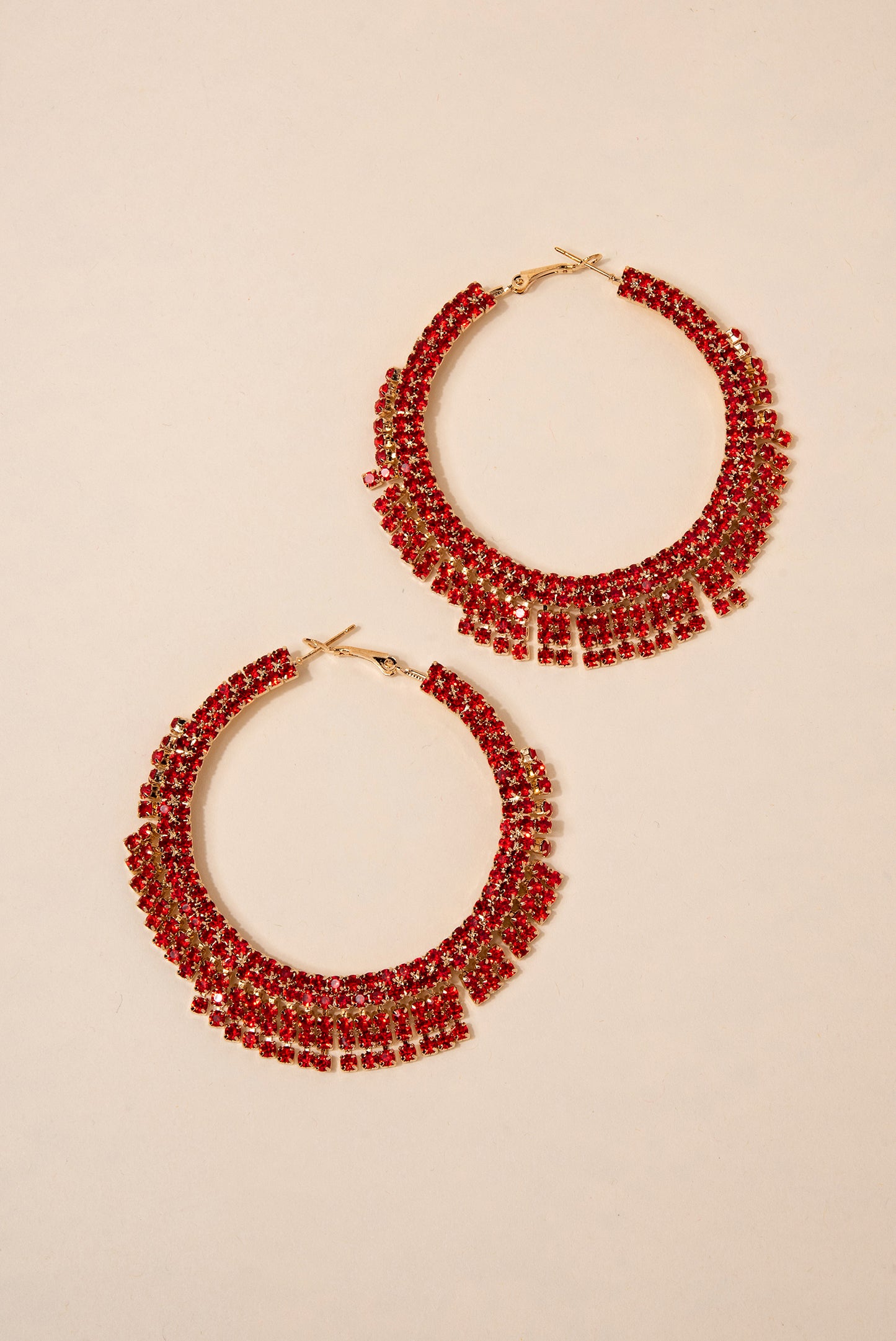 Rhinestone Fringe Hoop Earrings - Red