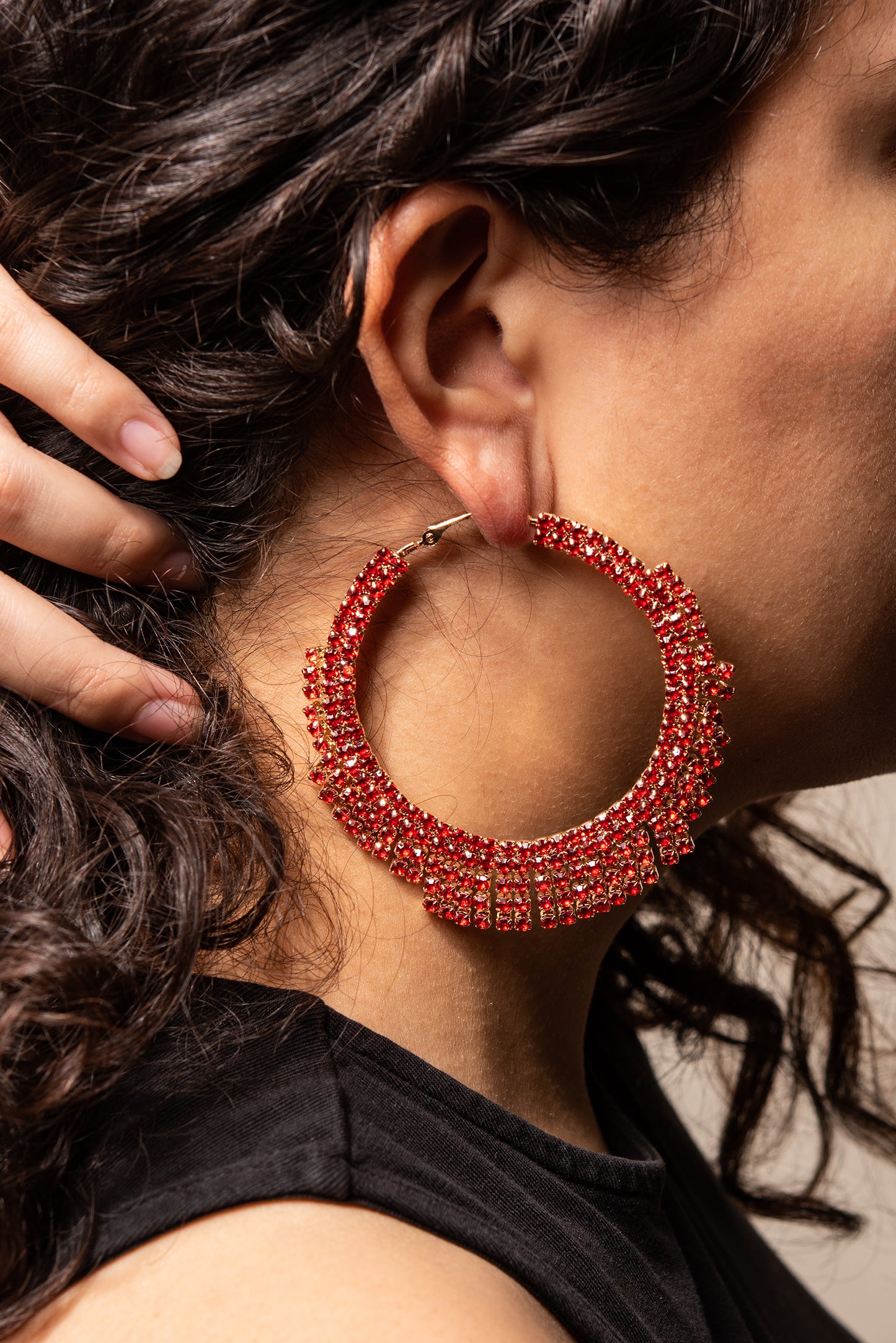 Rhinestone Fringe Hoop Earrings - Red